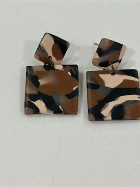 Brown Black Cream Square Dangle Earrings